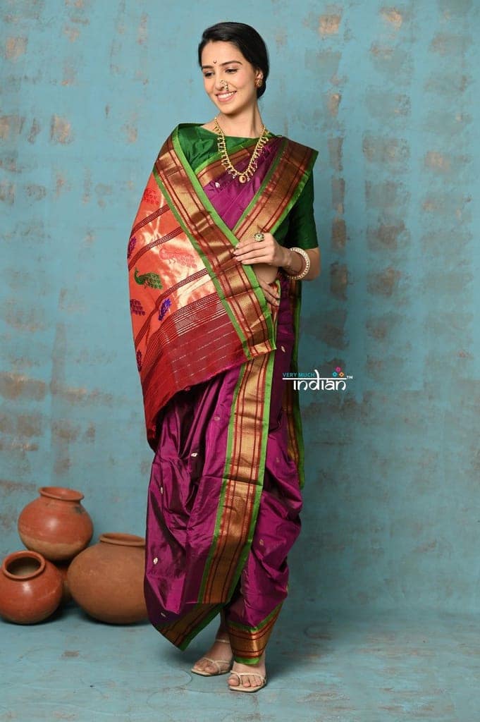 Tyohaar ~ Authentic Pure Silk Handloom Nauvari Paithani Saree in Magenta with Green Border view 3