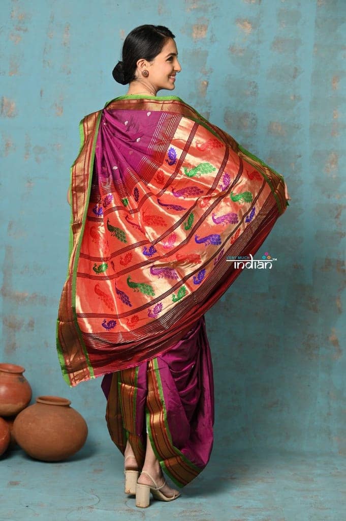 Tyohaar ~ Authentic Pure Silk Handloom Nauvari Paithani Saree in Magenta with Green Border view 4