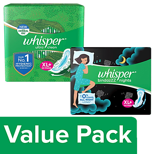 Whisper Bindazzz Nights Sanitary Pads XL+ 44pcs + Ultra Clean Sanitary Pads - XL+ 50pcs, Combo (2 Items)