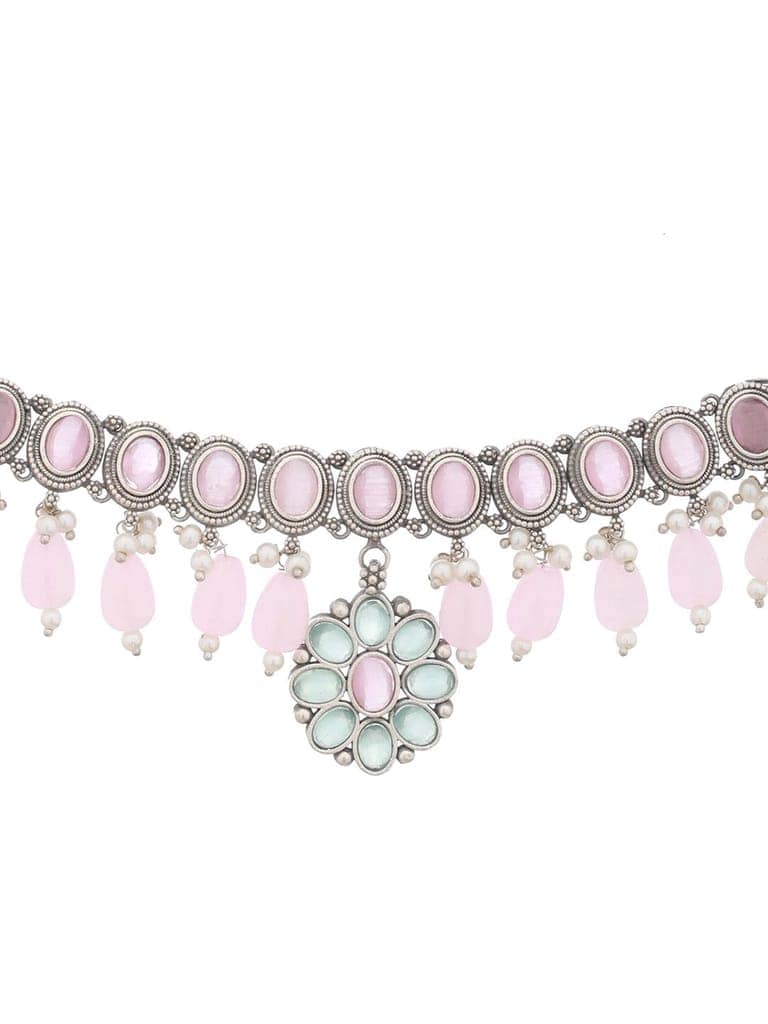 Oxidised Green Stone Studded & Pink Pearl beaded Pendant Jewellery Set view 7