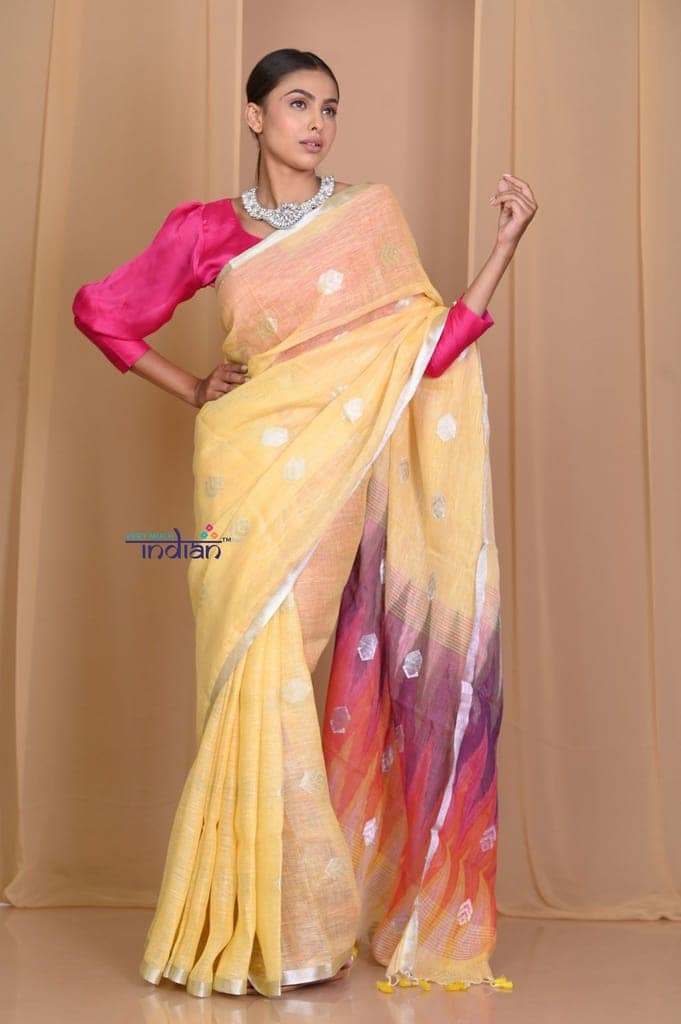 Pehal~ Pale Yellow High Thread Count Organic Linen with SLEEK Border & Multicolor Ikkat Pallu