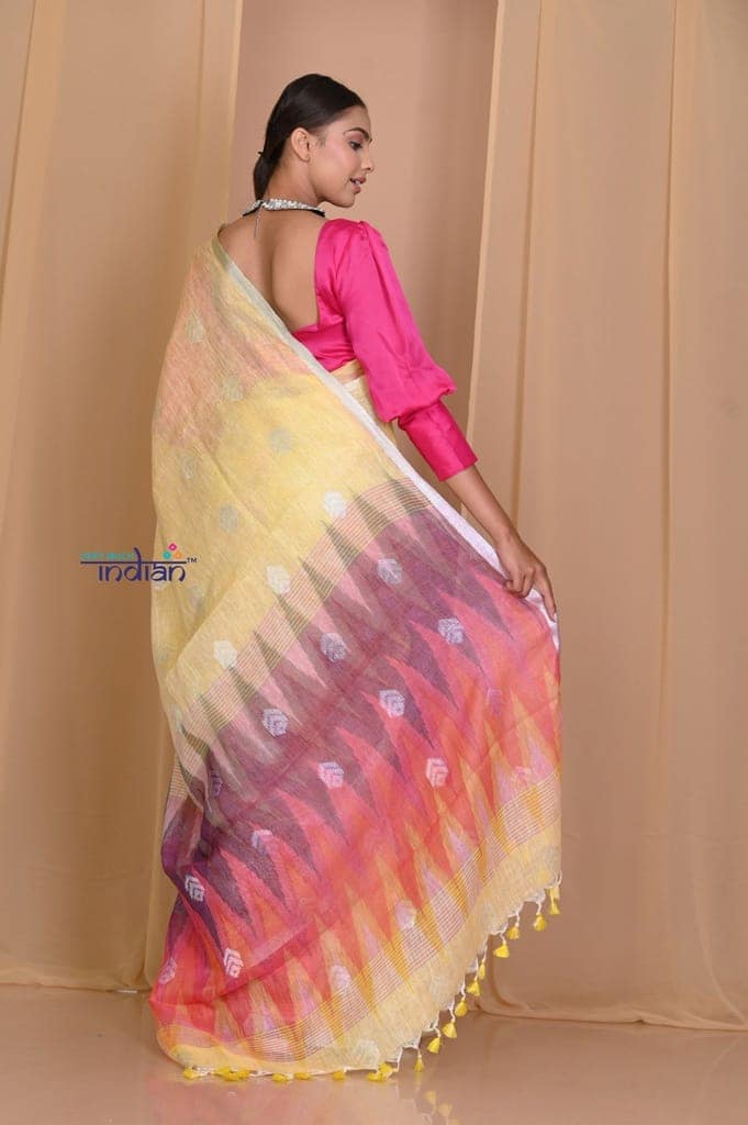 Pehal~ Pale Yellow High Thread Count Organic Linen with SLEEK Border & Multicolor Ikkat Pallu view 3