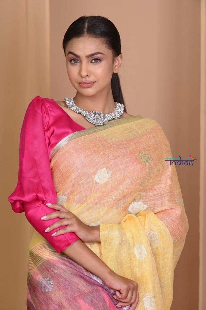 Pehal~ Pale Yellow High Thread Count Organic Linen with SLEEK Border & Multicolor Ikkat Pallu view 4