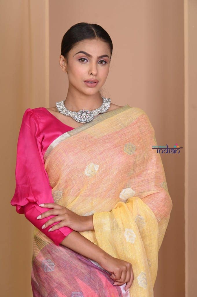 Pehal~ Pale Yellow High Thread Count Organic Linen with SLEEK Border & Multicolor Ikkat Pallu view 5