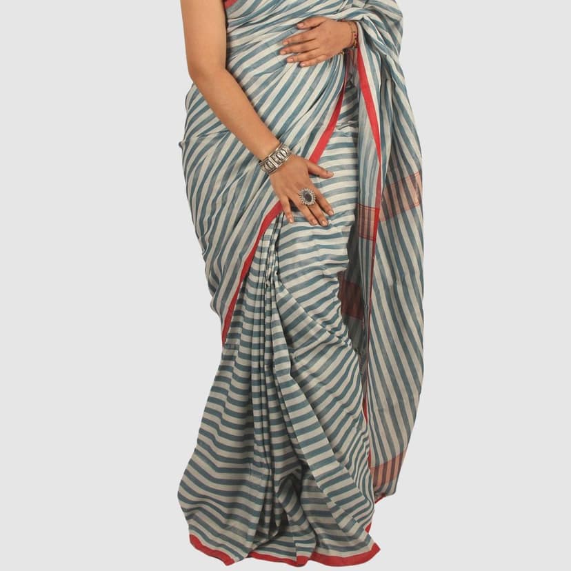 Authentic Soft Teal Blue Maheshwari Handloom Cotton Silk Saree with Zari view 2