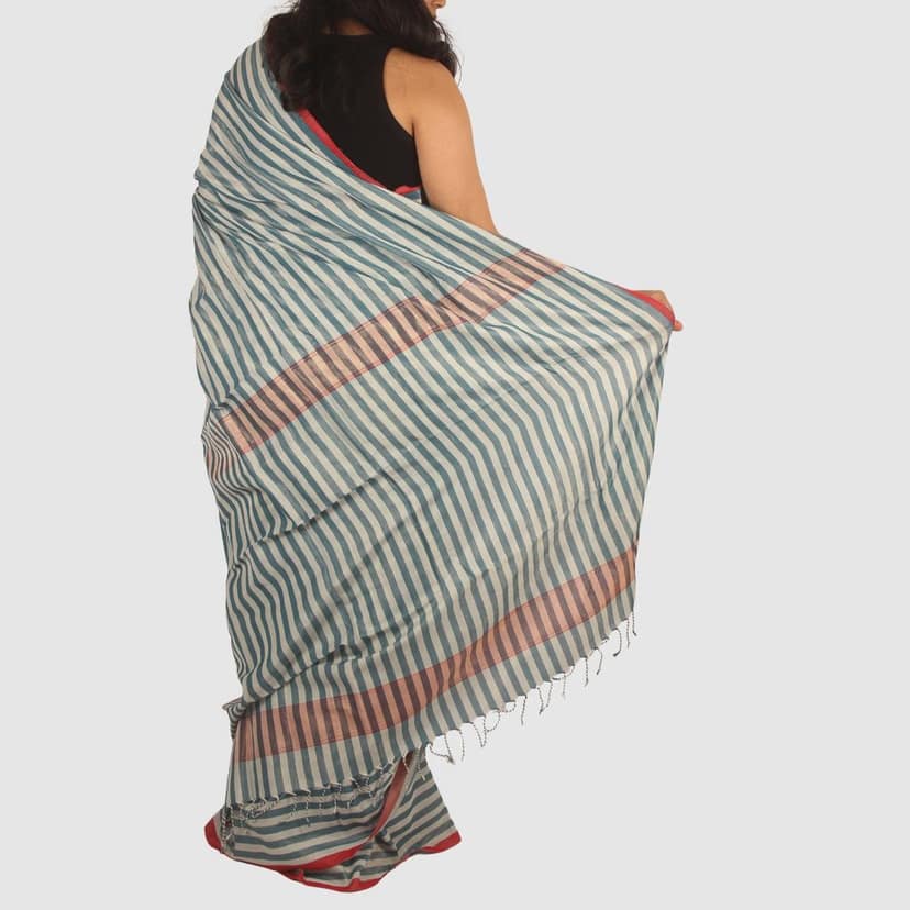 Authentic Soft Teal Blue Maheshwari Handloom Cotton Silk Saree with Zari view 4