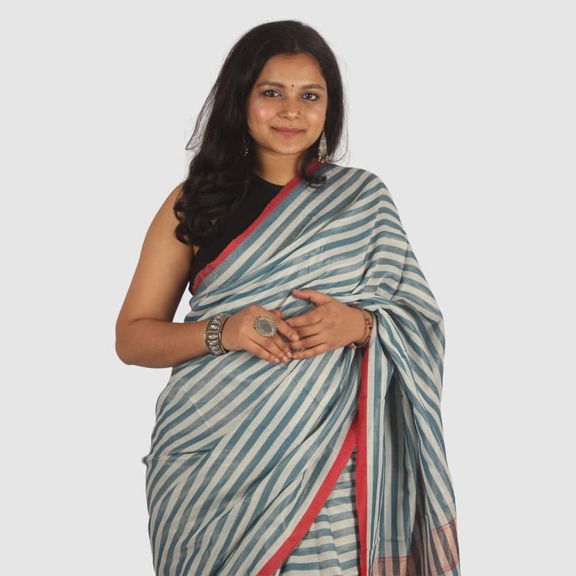Authentic Soft Teal Blue Maheshwari Handloom Cotton Silk Saree with Zari view 6
