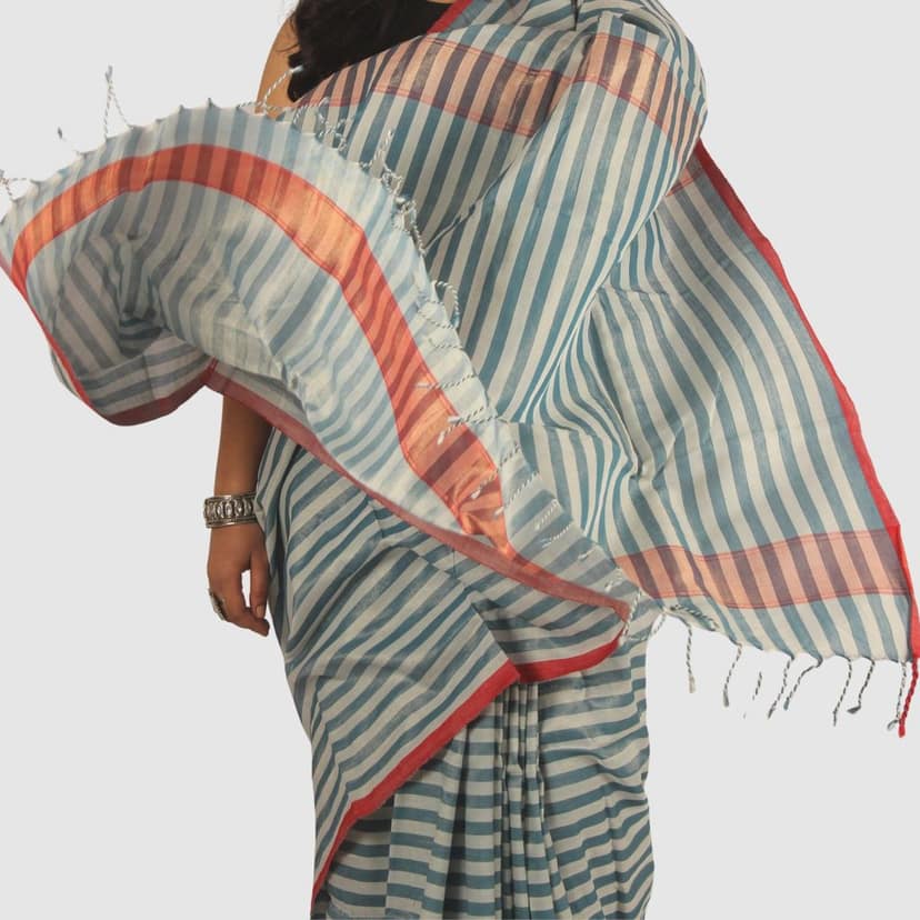 Authentic Soft Teal Blue Maheshwari Handloom Cotton Silk Saree with Zari view 7