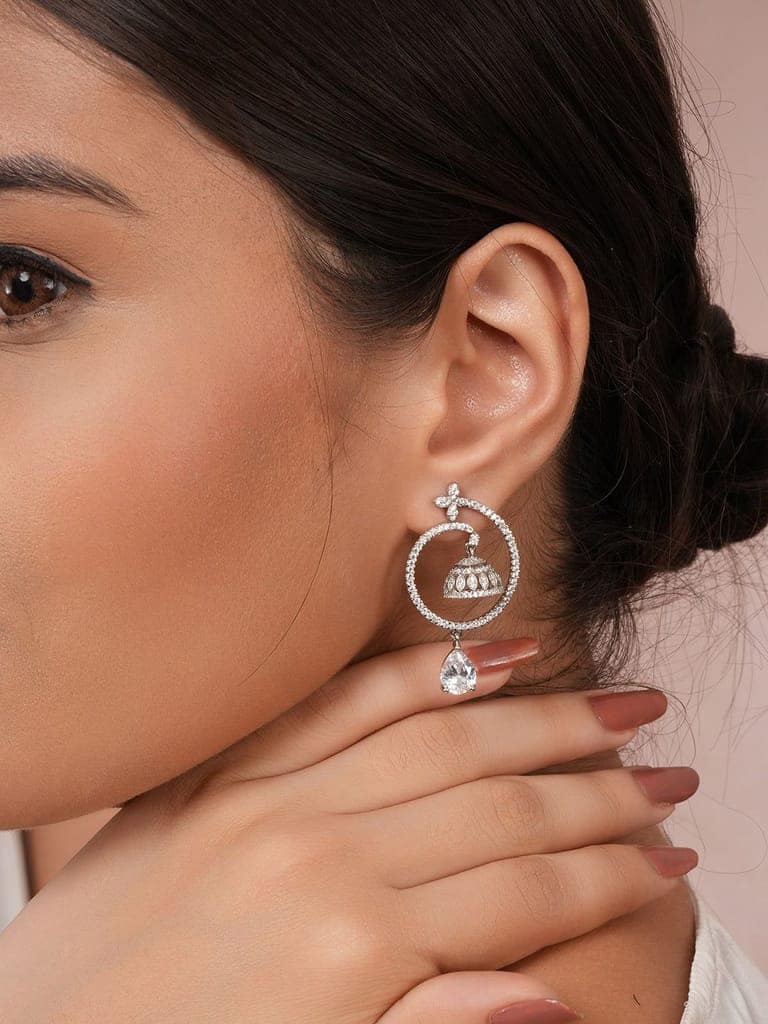 925 Sterling Silver Rhodium Plated Chandbali Drop Earrings view 2