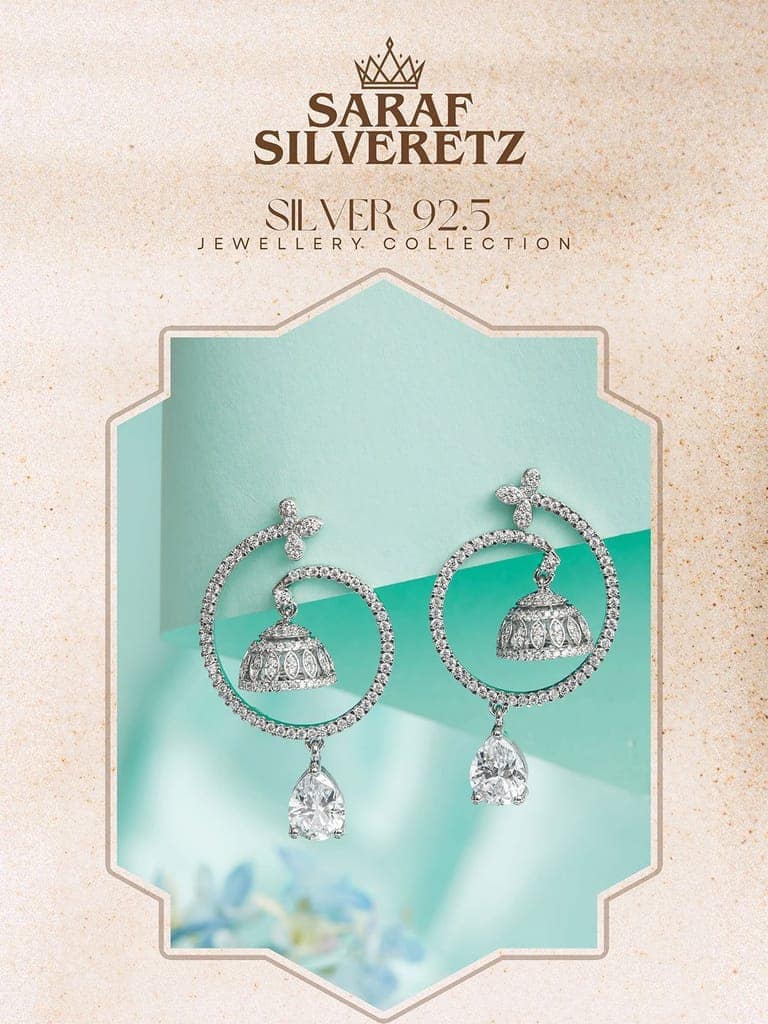 925 Sterling Silver Rhodium Plated Chandbali Drop Earrings view 3