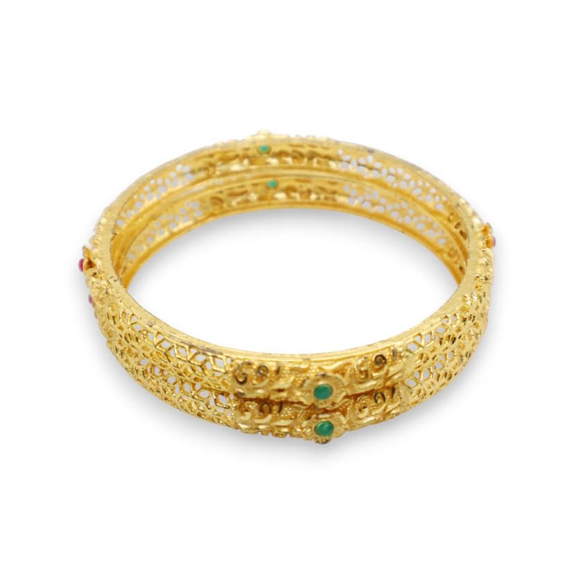 Gold Plated Antique Design Bangle with Green Stone Detailing – Traditional Ethnic Jewelry view 2