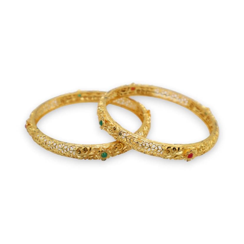 Gold Plated Antique Design Bangle with Green Stone Detailing – Traditional Ethnic Jewelry view 4
