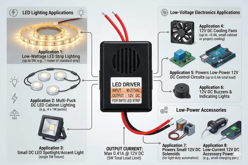 LED Driver Power Supply 12V DC for 5W LED Strip Lights, 90–277V AC Input, Compact Black LED Power Converter with Red & Black Wires view 2