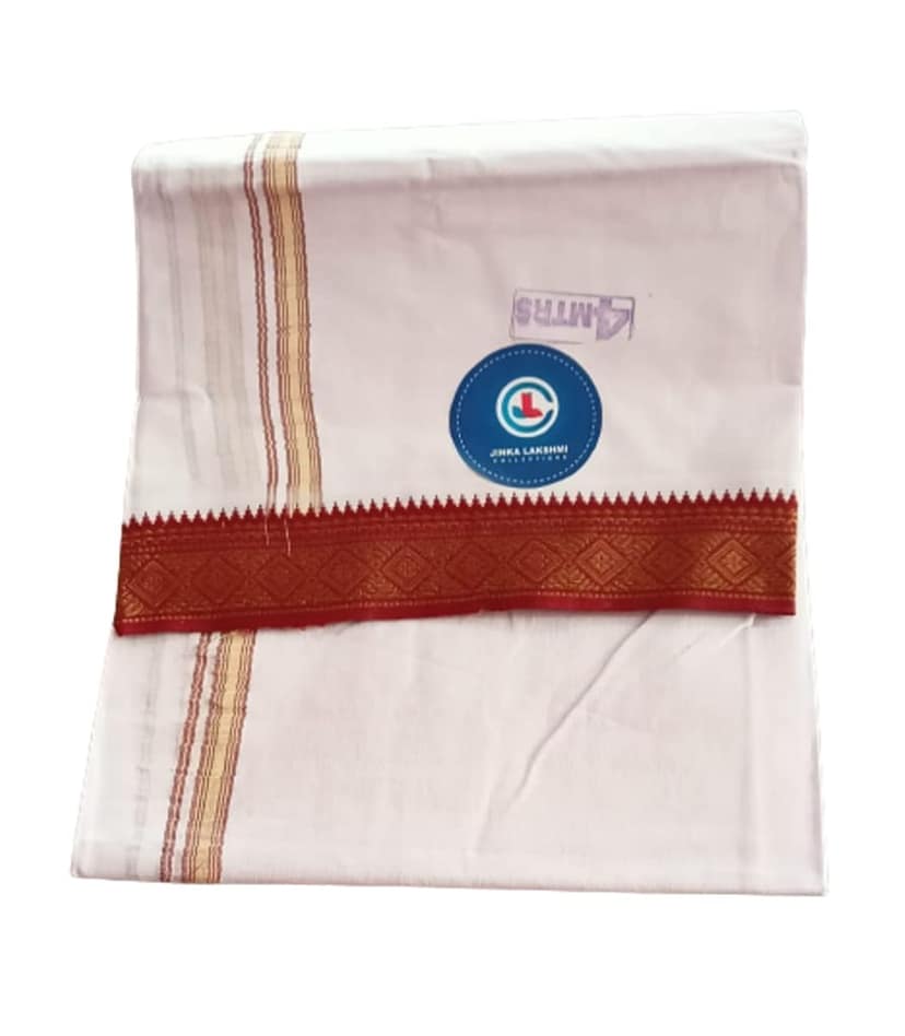 Jinka Lakshmi Collections 100% Handloom Cotton Dhoti With Zari Border Up and Down 4 Meters Unstitched Pack of 2 (Multicolor-2) view 7