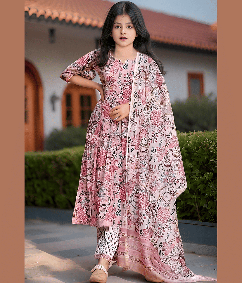 Aarya Designer Girls Cotton Blend Kurta with Trouser ( Pack of 1 , Pink )