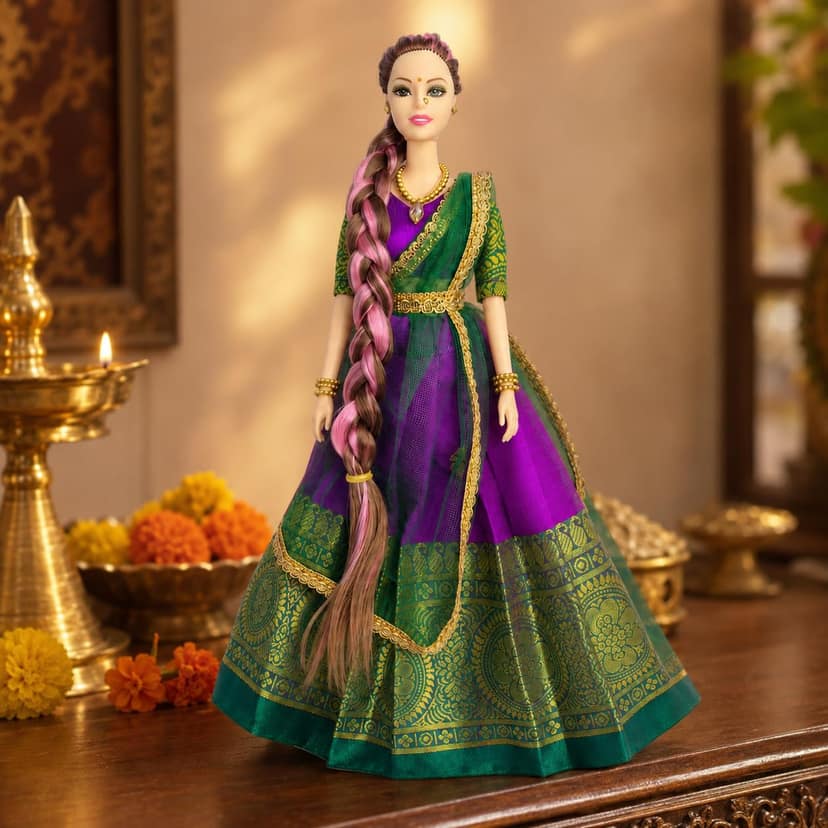 Mom and Me Traditional Indian Doll for Girls 3+ Years, 1 Doll with Lehenga Choli & Dupatta, Soft Satin Handmade Dress, Indian Cultural Fashion Doll, Festival & Birthday Gift Toy view 2