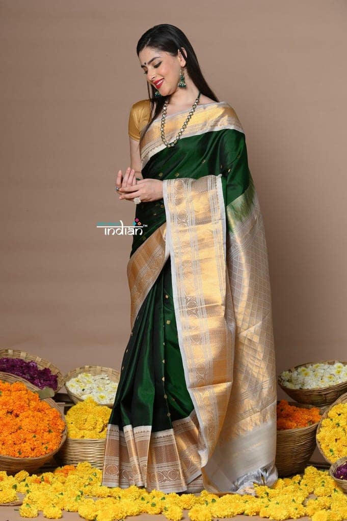 Rajsi~ Handloom Pure Silk Gadwal Saree Handcrafted Zari Pallu In Royal Green and Golden Border view 2