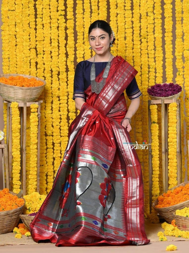 Rajsi~ Handloom Pure Silk Paithani Saree WIth Handcrafted Nath Pallu in Maroon (By Govt Certified Weavers) view 2