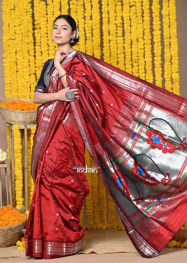 Rajsi~ Handloom Pure Silk Paithani Saree WIth Handcrafted Nath Pallu in Maroon (By Govt Certified Weavers) view 3