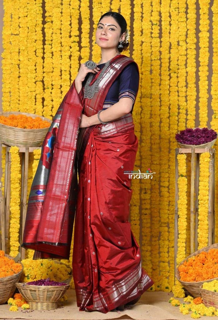 Rajsi~ Handloom Pure Silk Paithani Saree WIth Handcrafted Nath Pallu in Maroon (By Govt Certified Weavers) view 4
