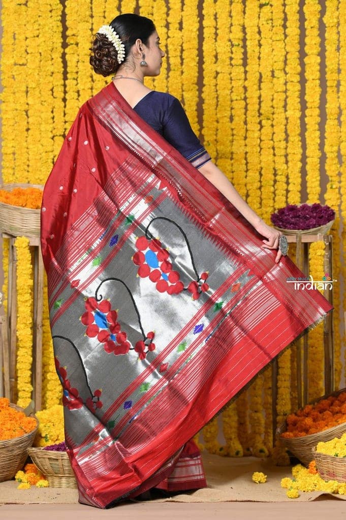 Rajsi~ Handloom Pure Silk Paithani Saree WIth Handcrafted Nath Pallu in Maroon (By Govt Certified Weavers) view 5