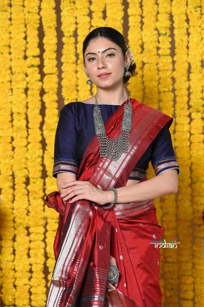 Rajsi~ Handloom Pure Silk Paithani Saree WIth Handcrafted Nath Pallu in Maroon (By Govt Certified Weavers) view 6