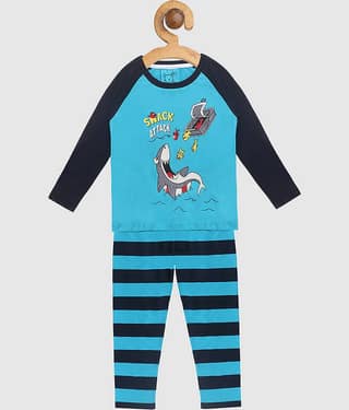 Lazy Shark Pack of 1 Boys Cotton Blend Nightsuit Set ( Blue )