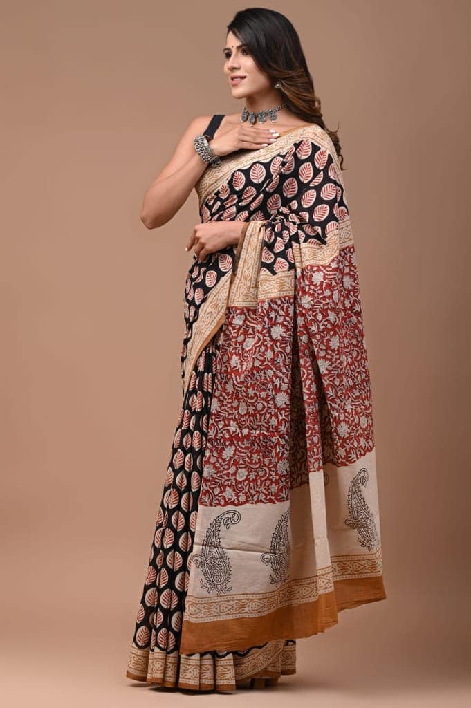 Bagru Handblock Printed Cotton Saree With Blouse