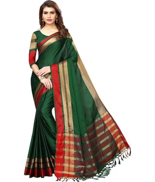 NIGHT BLUE Cotton Blend Solid Saree With Unstitched Blouse Piece ( Green )