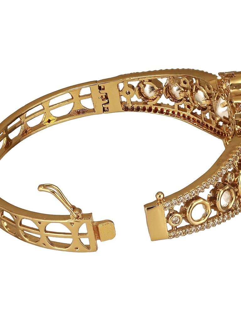 Gold Polish White Kundan Mossanaite Studded Floral Openable Kada Bracelet view 10