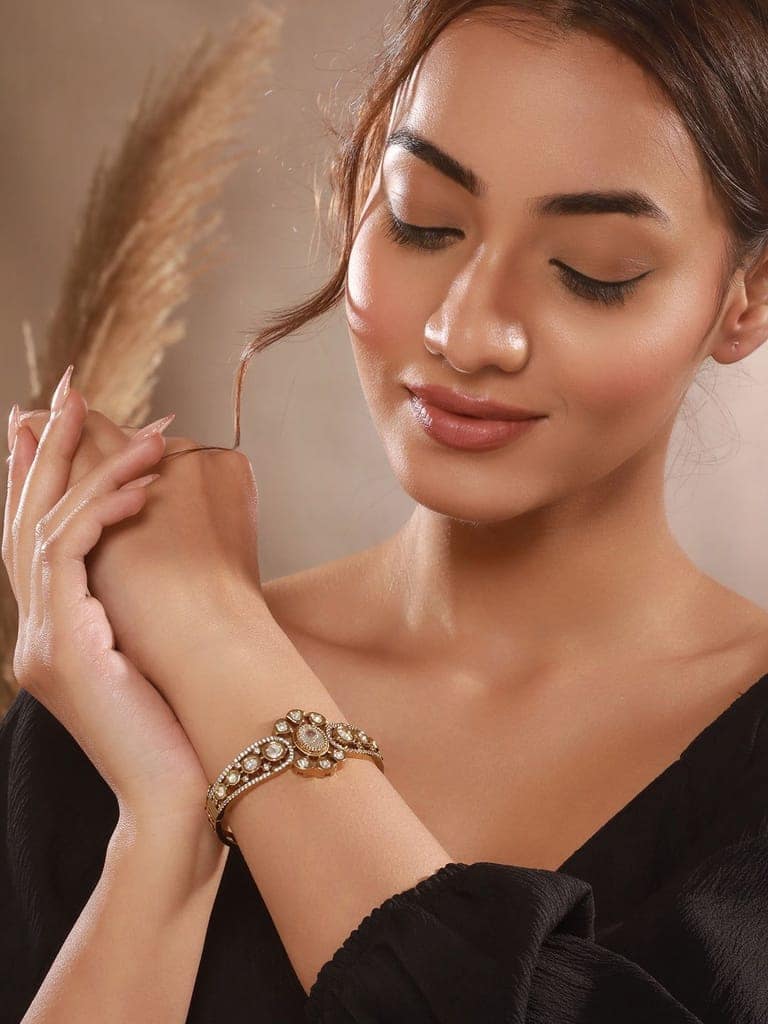 Gold Polish White Kundan Mossanaite Studded Floral Openable Kada Bracelet view 2