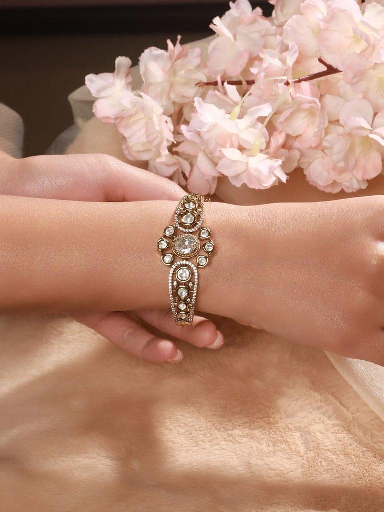 Gold Polish White Kundan Mossanaite Studded Floral Openable Kada Bracelet view 4