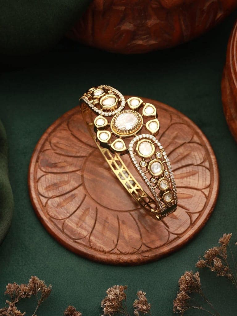 Gold Polish White Kundan Mossanaite Studded Floral Openable Kada Bracelet view 5