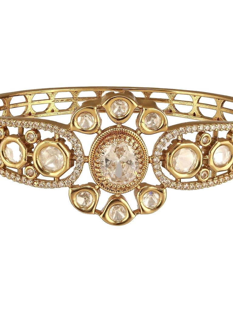 Gold Polish White Kundan Mossanaite Studded Floral Openable Kada Bracelet view 6