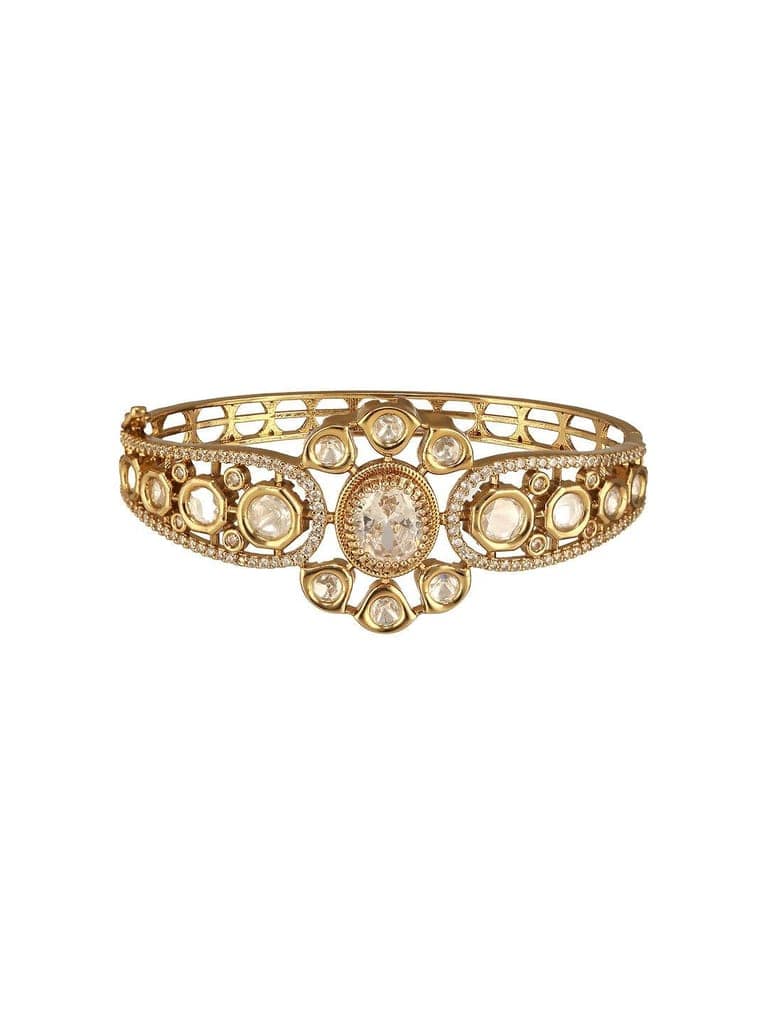 Gold Polish White Kundan Mossanaite Studded Floral Openable Kada Bracelet view 7