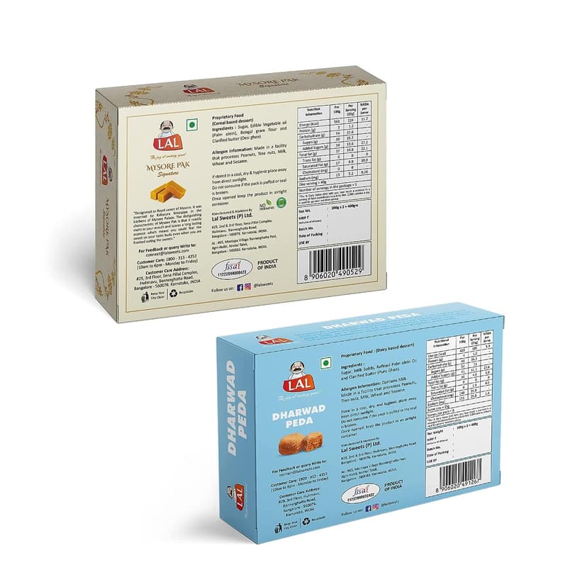 Lal Sweets Mysore Pak Signature & Dharwad Peda, 400 gm Each - Combo Pack