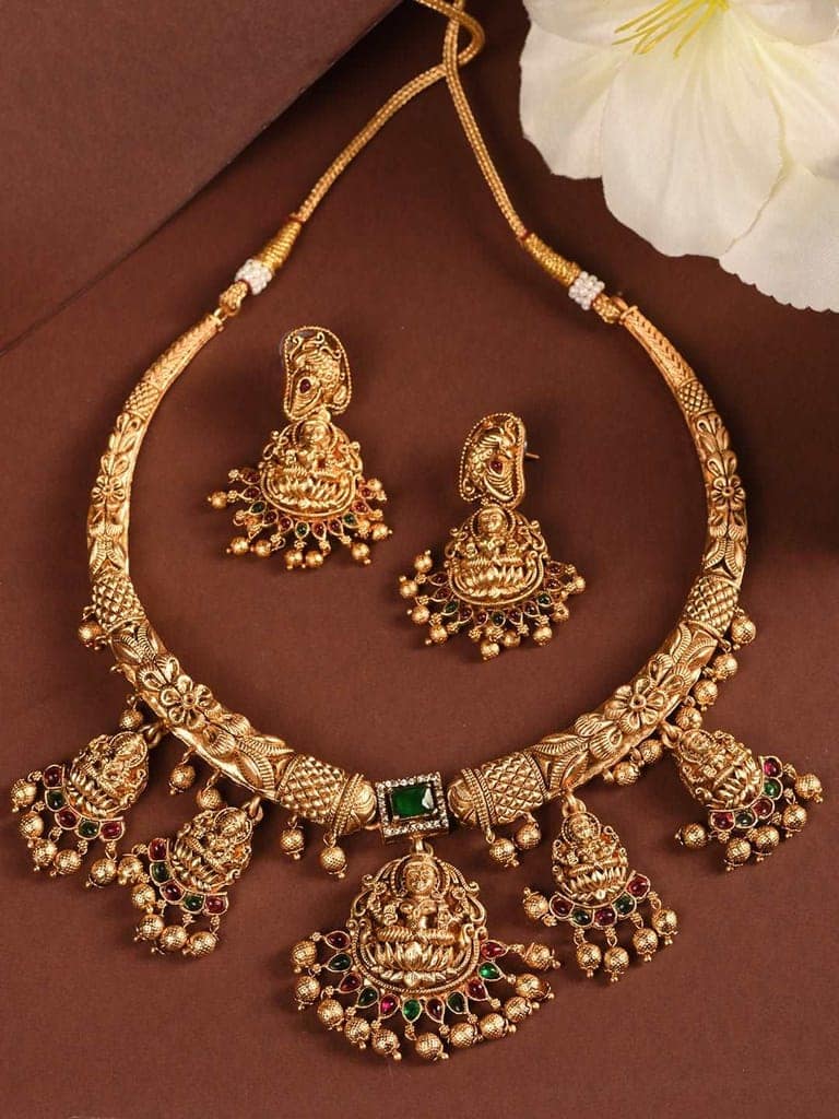 Gold Plated Multi stone studded Pearl beaded Handcrafted Temple Jewellerey Set view 2