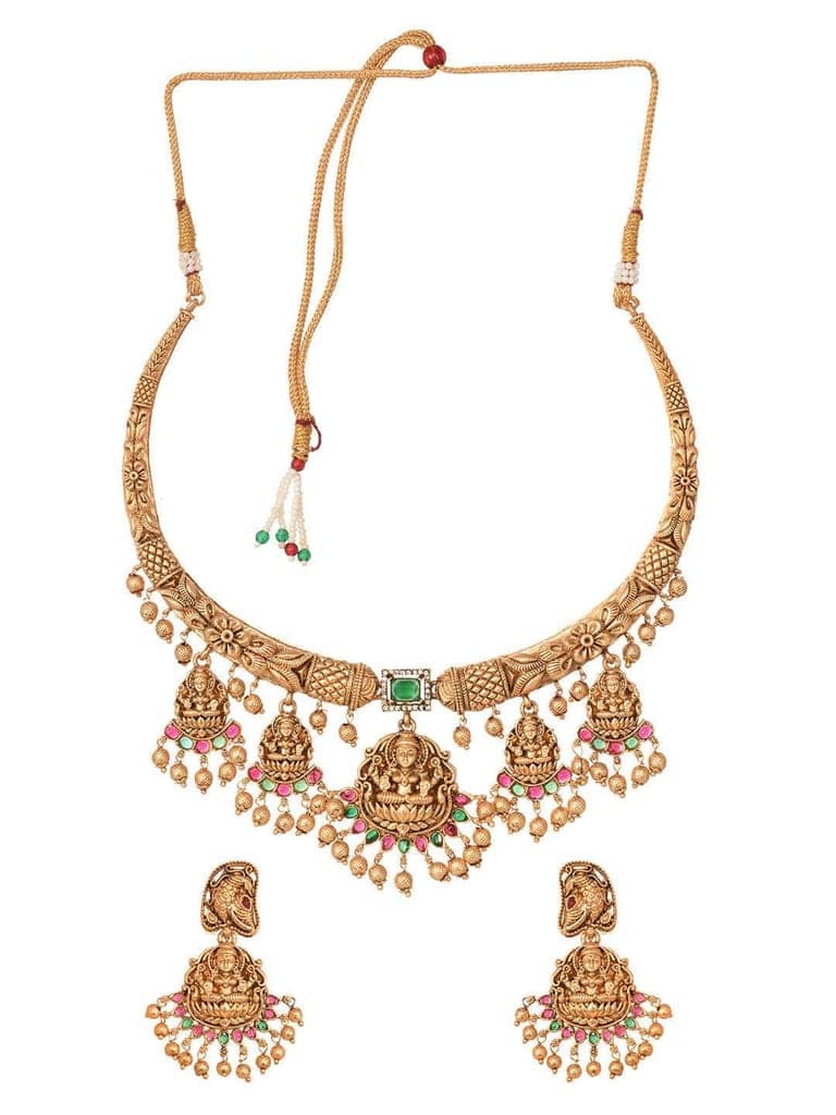 Gold Plated Multi stone studded Pearl beaded Handcrafted Temple Jewellerey Set view 4