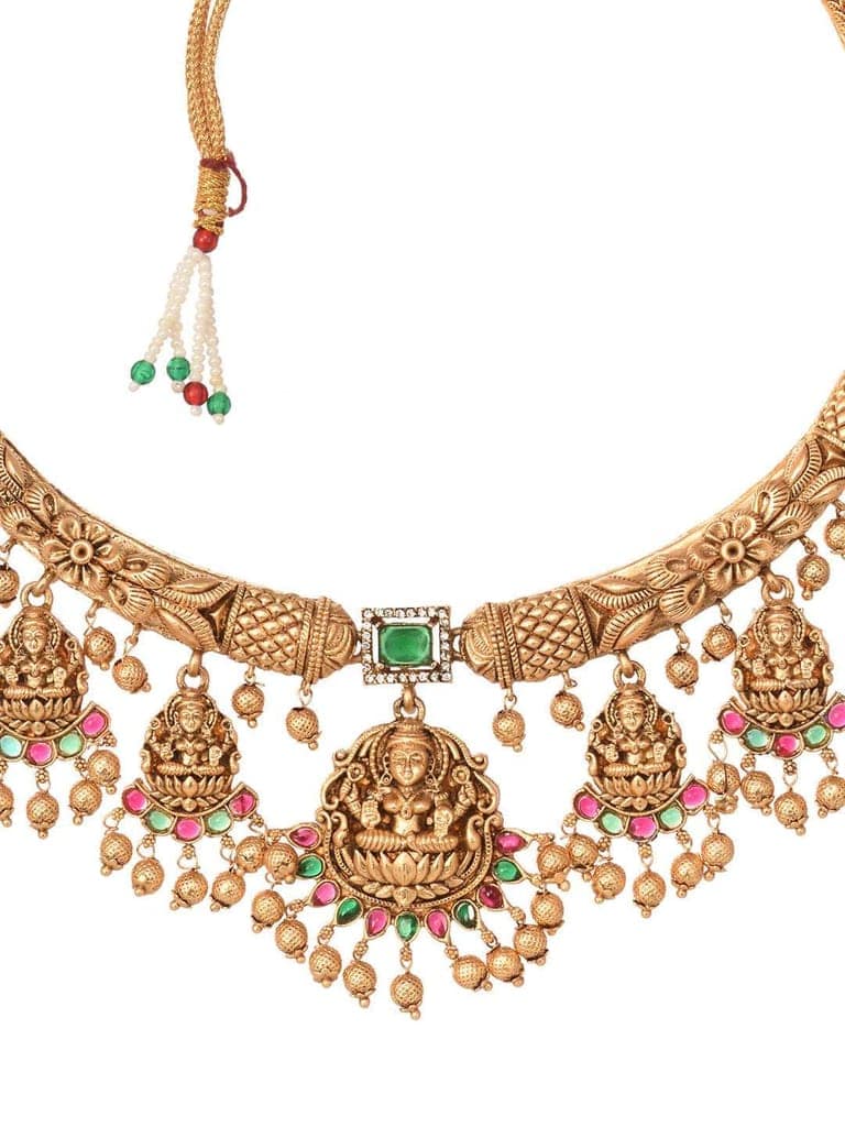 Gold Plated Multi stone studded Pearl beaded Handcrafted Temple Jewellerey Set view 6
