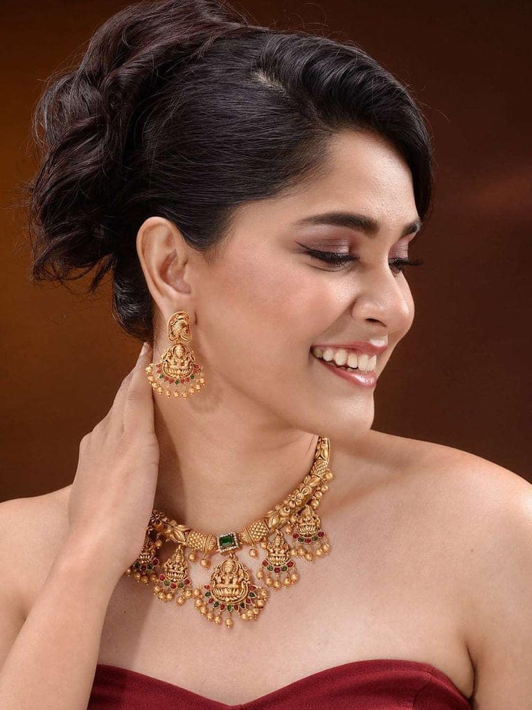Gold Plated Multi stone studded Pearl beaded Handcrafted Temple Jewellerey Set view 7
