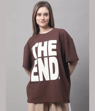 DOOR74 Women Cotton Printed Oversized Fit Round Neck T-Shirt ( Brown )