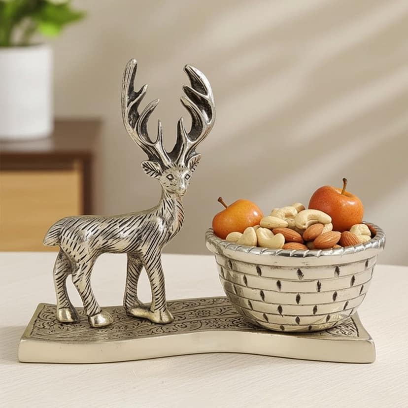 Aluminium Deer Basket Showpiece for Home Decor & Dry Fruits, Height : 6 Inch (ASMAS495 S)