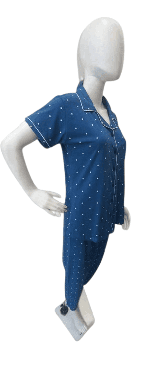 Women's Polka Dot Cotton Night Suit – Blue Button-Down Shirt & Matching Pants Set view 3