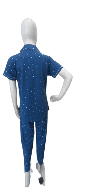 Women's Polka Dot Cotton Night Suit – Blue Button-Down Shirt & Matching Pants Set view 4