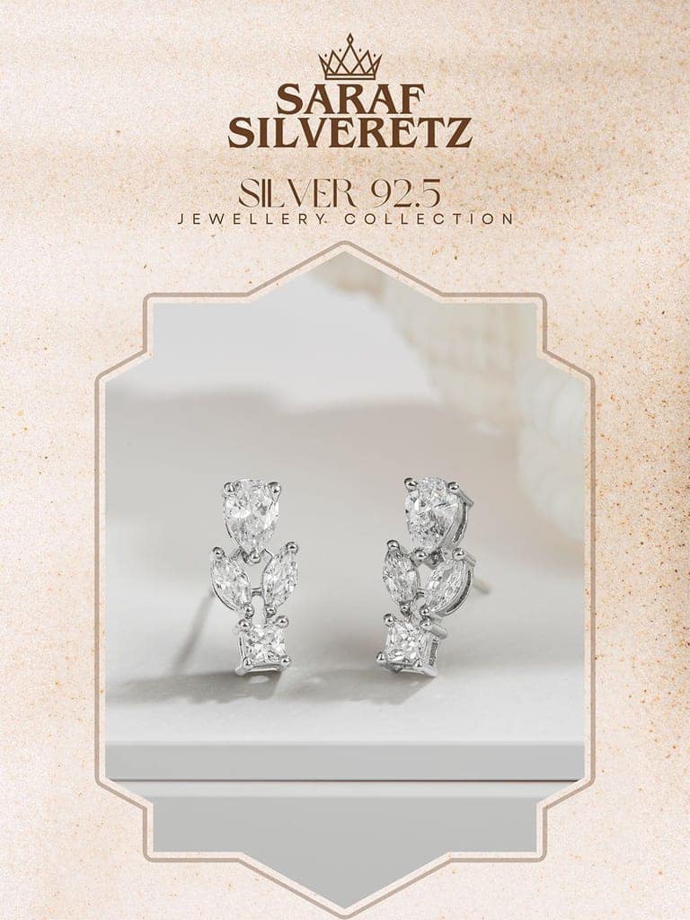 925 Sterling Silver Cubic Zirconia Leaf Studds Earrings view 3