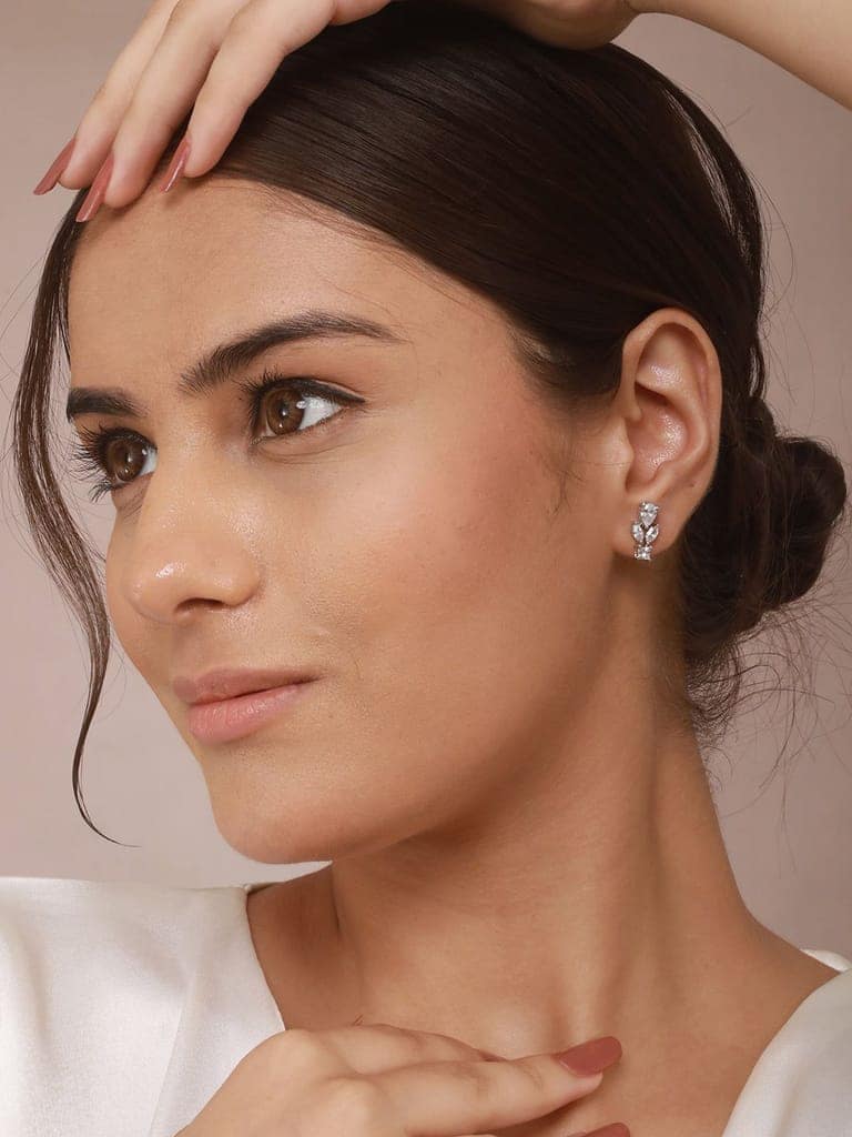 925 Sterling Silver Cubic Zirconia Leaf Studds Earrings view 7