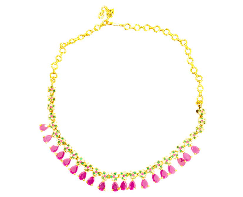 Elegant Gold-Plated Ruby Green Stone Choker Necklace with Matching Earrings Set view 2