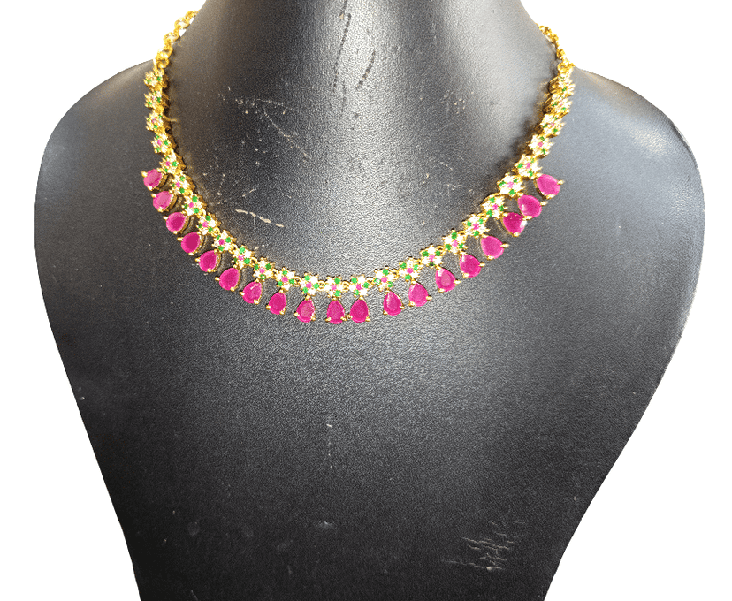 Elegant Gold-Plated Ruby Green Stone Choker Necklace with Matching Earrings Set view 3