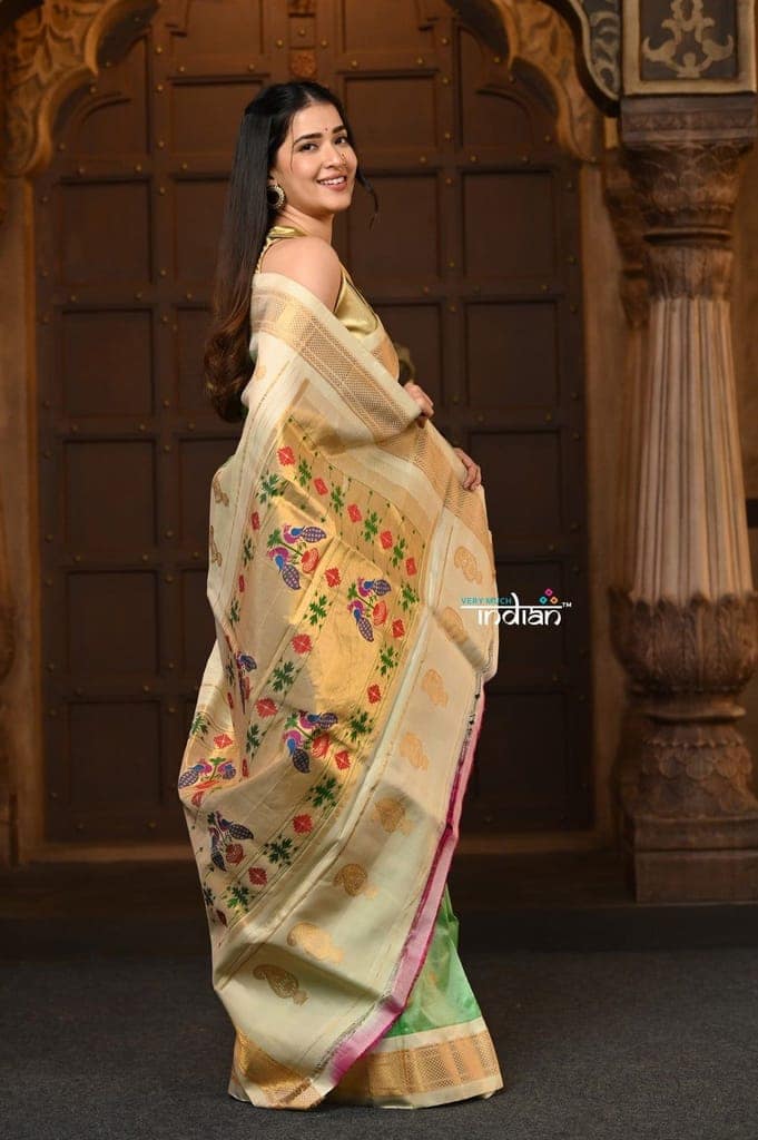 Parampara Revival ~ Handloom Pure Silk Maharani Paithani with Majestic Maharani Pallu in Sea Green view 4