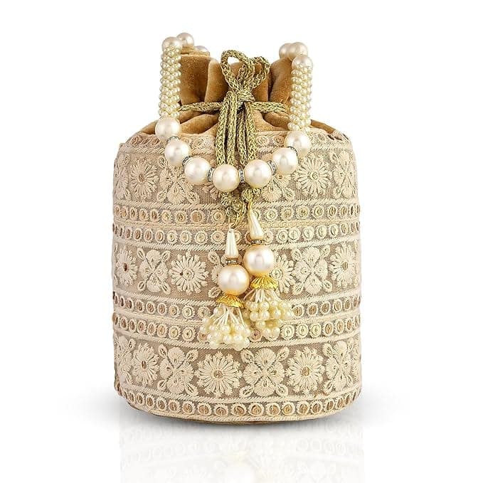 Buy Cream Potli Bag With Pearl Handle Online at Best Price in India view 3